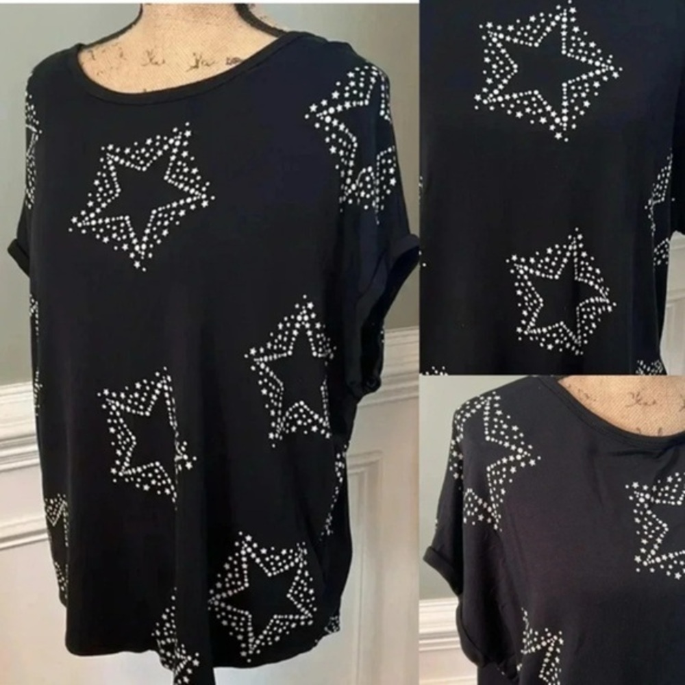 Buffalo David Britton - Black Short Sleeve Star Print Top - Size Large - Picture 9 of 10
